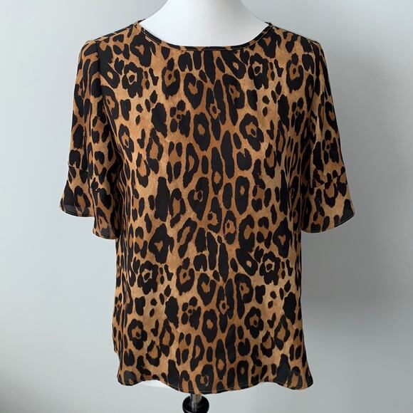 The Limited Leopard Animal Print Flounce Short Sleeve Blouse Sz M - Picture 1 of 7